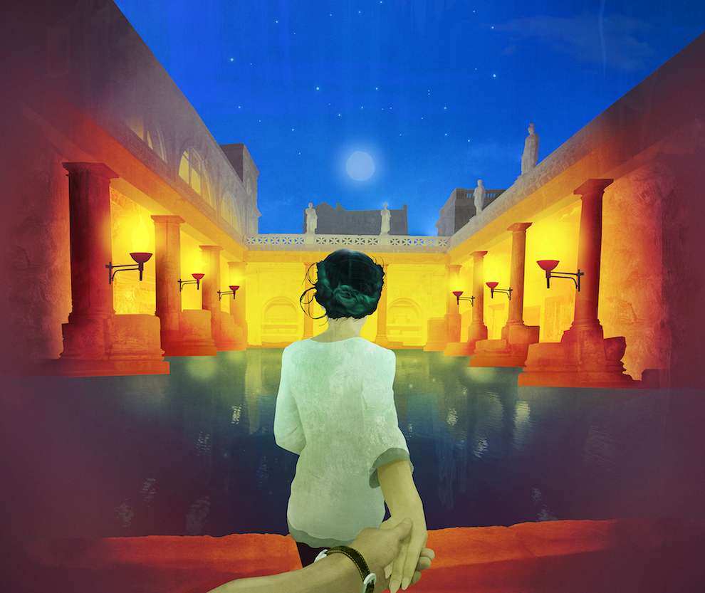Darren Hopes, Digital illustration of a women walking towards traditional roman bath scene 